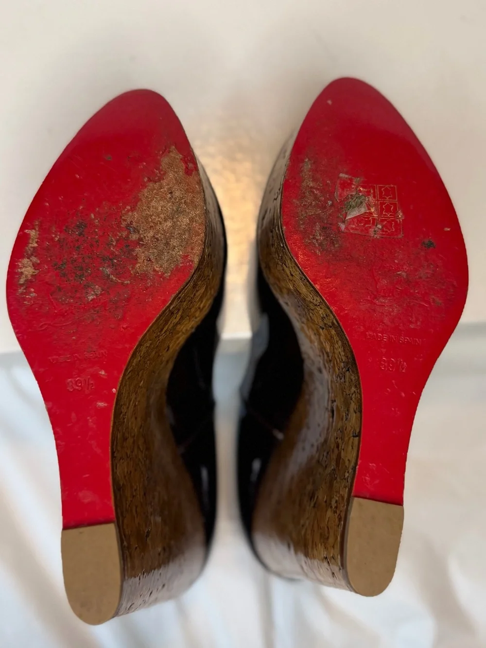 Christian Louboutin Black Patent Peep-Toe Cork Platform Wedges
